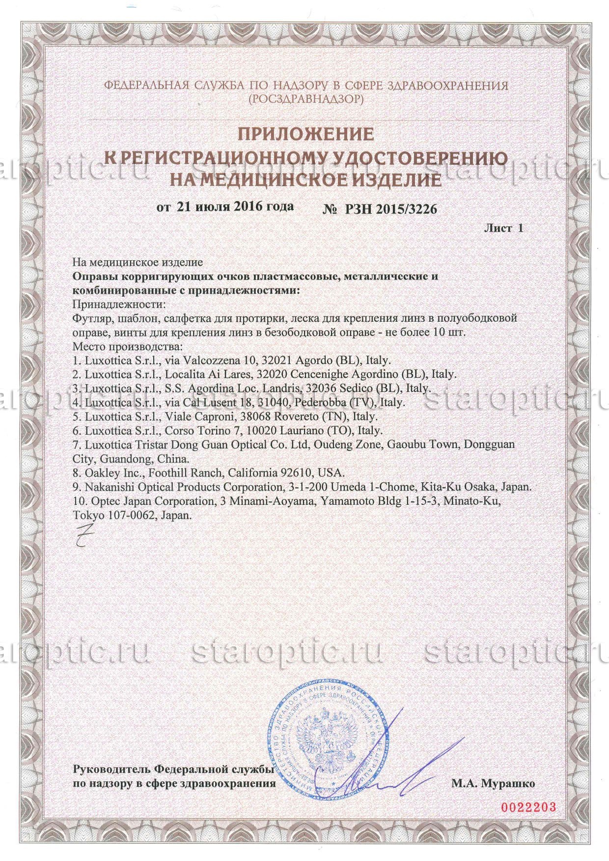 Гарантии оригинальности бредовых очков и оправ