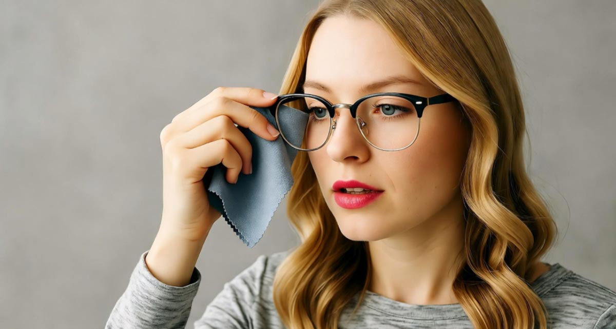 Женщина надевает протертые очки Женщина надевает протертые очки
