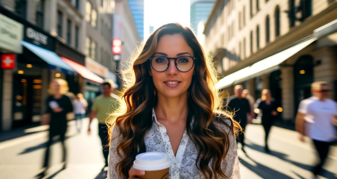 Деловая женщина в очках для зрения идет по улице Деловая женщина в очках для зрения идет по улице