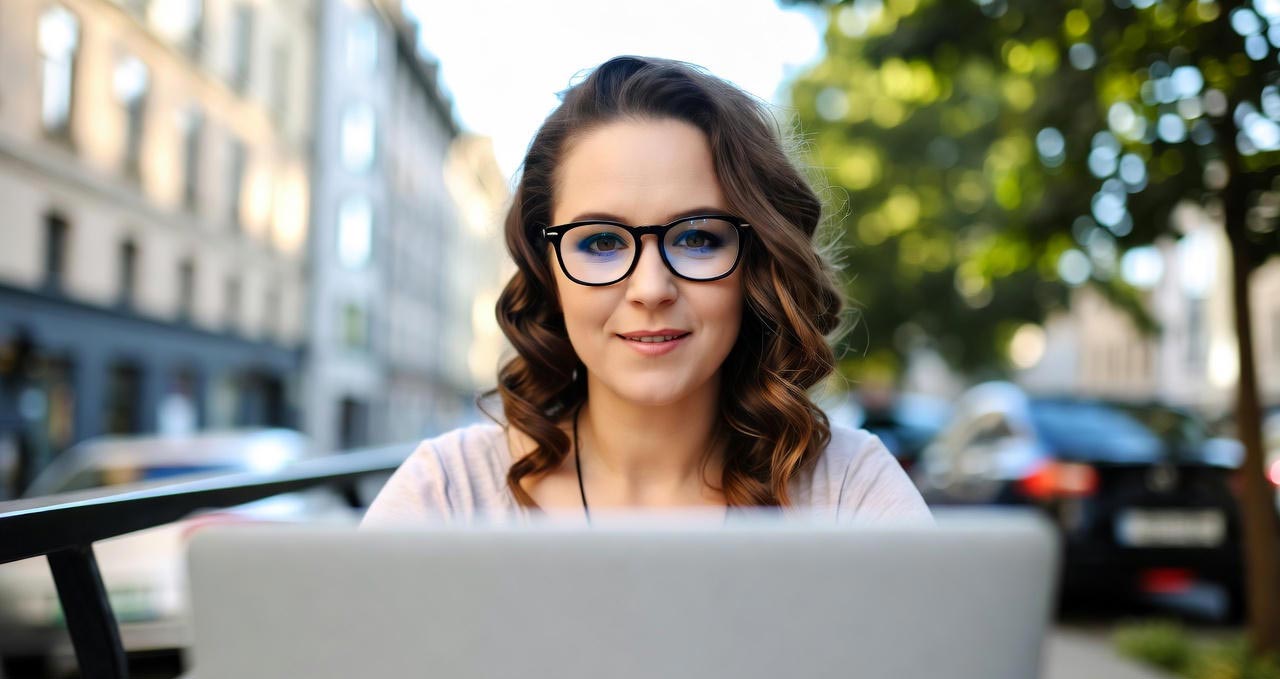 Девушка с компьютером сидит перед монитором в защитных очках для зрения Девушка с компьютером сидит перед монитором в защитных очках для зрения